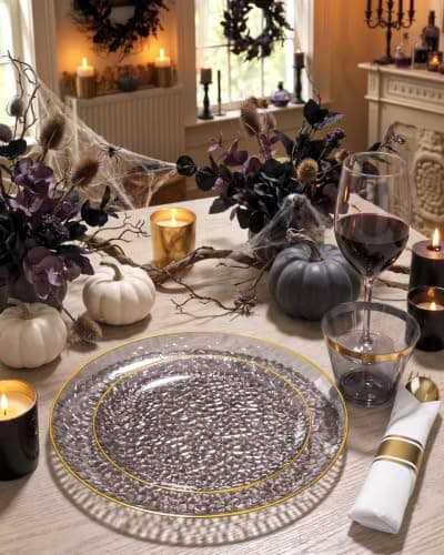Hioasis 175 Pcs Black Gold Plastic Plates for Wedding | Black Plastic Dinnerware Set Includes 25 Dinner Plate, 25 Dessert Plate, 25 Cups, 25 Napkins view 4