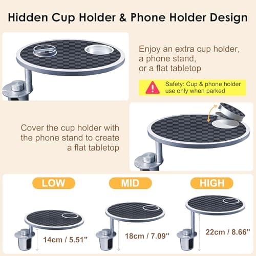 Car Food Tray & Car Table Tray with Car-Grade Aluminum Cup Holder & Phone Stand, Premium Wood with Leather Surface, 360° Rotating Car Desk for Laptop &Eating (Round, Black&Grey) view 5