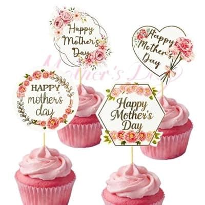 Oeyliz Happy Mothers Day Cupcake Topper 24 Pieces Flower Patterns Mom Cake Decorations Happy Mothers Day Cupcake Toppers for Mothers Day Party Cake Decorations
