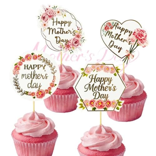 Oeyliz Happy Mothers Day Cupcake Topper 24 Pieces Flower Patterns Mom Cake Decorations Happy Mothers Day Cupcake Toppers for Mothers Day Party Cake Decorations — image 1