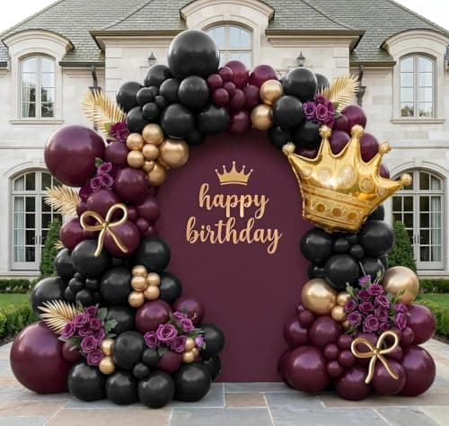 Dark Purple Black Gold Balloon Garland Arch Kit - Double Stuffed Plum Burgundy Balloon with Foil Crown & Gold Long Balloons for Graduation, Mother's Day, Prom, Birthday, Wedding, Queen Party — image 1