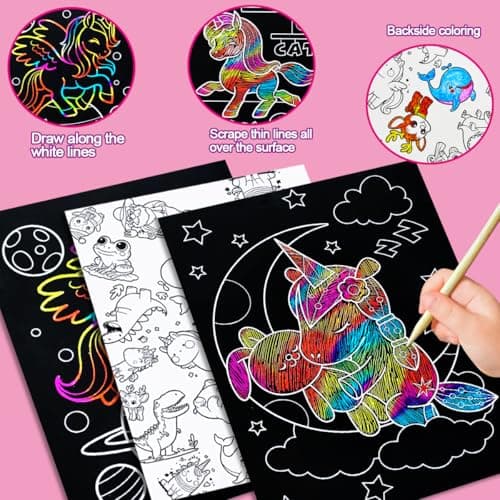 JUNQIU Scratch Art for Kids, Rainbow Scratch Paper Art Set - Unicorn, Arts and Crafts for Girls Boys Ages 4-8, Kid Activity & Christmas Crafts, Stocking Stuffers for Kids view 3