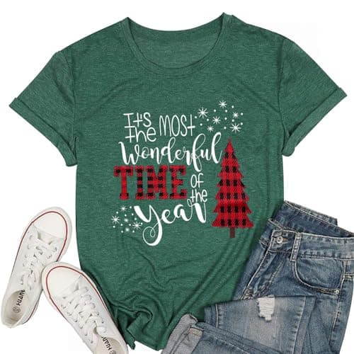 DESFSE Merry Christmas Shirts for Women Christmas Short Sleeve Tshirt Xmas Buffalo Plaid Tree Cute Graphic Print Tee Tops — image 1