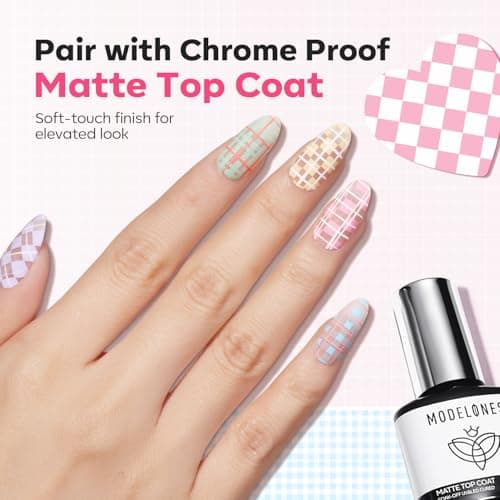 Modelones 16PCS Plaid Nail Stamping Kit – French Tip Stamper White Black Painting Gel Polish Chrome Powder Proof Matte Gel Top Coat Gingham Template Dual Nail Art Brush Spring Manicure Gift for Women view 3