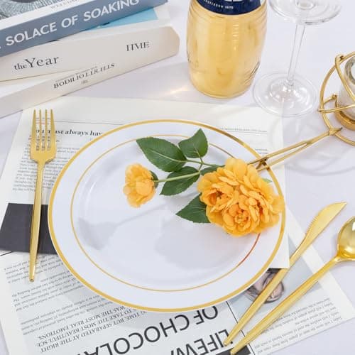 PULOTE 100PCS Gold Plastic Plates - 10 Inch White with Gold Trim Plastic Dinner Plates Disposable for Dinenr, Party, Wedding & Thanksgiving view 6