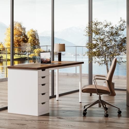 Tribesigns Modern Simple Computer Desk, 47 Inches PC Desk with 5 Reversible Drawers, Rustic Brown Study Writing Table Workstation for Home Office Small Spaces (Brown+White) view 3