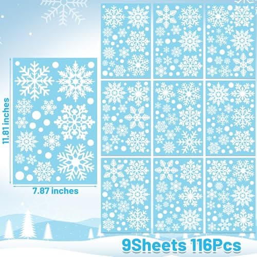 116PCS Christmas Decorations, 9 Sheets Christmas Window Clings, Snowflake Window Clings Decals, Double Sided Xmas Snowflake Decal Stickers for Winter Holiday Home Indoor Decorations Decor Supplies view 4