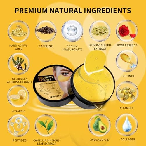 24K Gold Eye Masks for Dark Circles and Puffiness 70PCS, Under Eye Patches for Puffy Eyes Treatment, Under Eye Gel Pads w/ Collagen, Caffeine, Peptides for Eye Bags Treatment, Gel Eye Mask Skincare view 3
