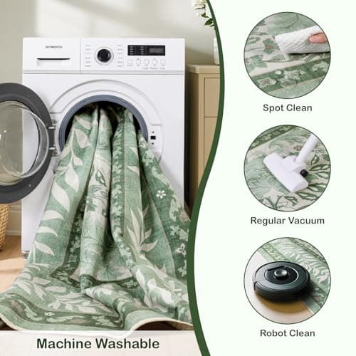 LIANLAM Washable Rug Area Rugs for Living Room - Stain Resistant Non-Slip Backing Boho Rug for Bedroom,Durable & Ultra-Thin Vintage Large Area Rug(9' x 12',Green/Floral) view 5