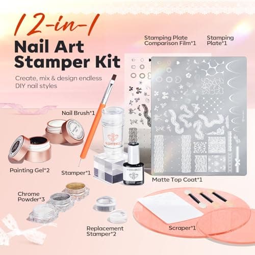 Modelones 16PCS Lace Nail Stamping Kit, French Tip Stamper White Black Painting Gel Polish Chrome Powder Proof Matte Gel Top Coat Gingham Template Dual Nail Art Brush Spring Manicure Gift for Women view 2