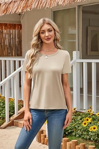 Herou Summer Women Casual Short Sleeve Tops T-Shirts Tees with Side Split view 2