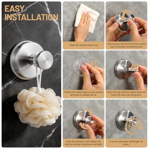 Fenas Large Suction Cup Hooks, Heavy Duty 15lb Holds Towel & Robe, No-Drill Shower Bathroom Hooks for Tile Wall Glass Mirror, Mounts on Smooth Non-Porous Surfaces (2 Pack, Brushed Nickel) view 6