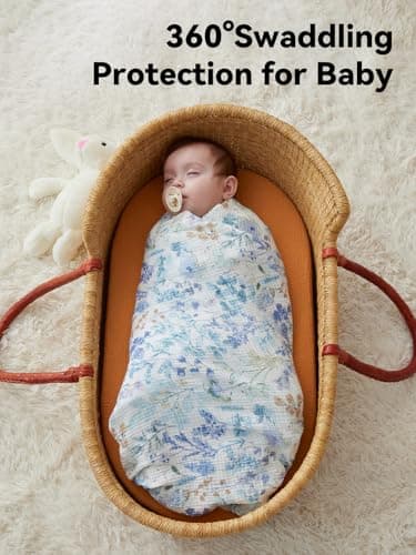 TILLYOU 3 Pack Muslin Swaddles for Newborns Baby Blankets for Girls Boys Cotton Swaddle Blankets 47"X47", Blue Flower view 5