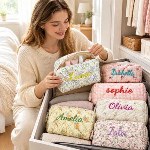 Custom Embroidered Flower Cosmetic Bag with Assorted Floral Designs. Portable Zipper Makeup Storage Pouch, Ideal for Daily Life and Travel, Gift for Ladies and Wedding Bridesmaids. view 5
