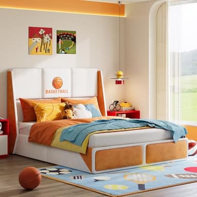 FFBCFDK Sports Series Soft Bed Frame, Velvet Queen Size Bed Frame, Queen Bed Adults Bed with High Headboard and Sturdy Platform Bed, Upholstered Soft Bedframe, No Box Spring Needed, White+Orange