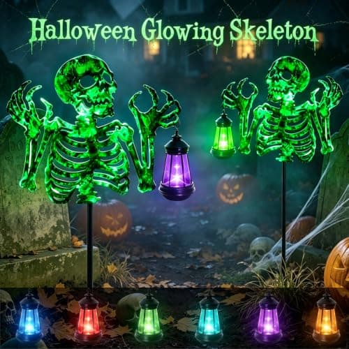 Halloween Skeleton Decorations Outdoor,Spooky Green Glowing Iron Skull | with 7-Color Changing & Flashing Mode Solar Lantern,Creepy Haunted House Prop,Gift for Kids Adults,Yard Patio Garden Party view 5