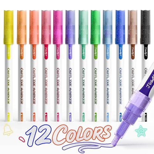 JusArt Outline Sparkle Markers, 12 Metallic Shimmer Pens for Adult Coloring, Cool Fun Drawing Supplies for valentines day, Easter, Christmas, Halloween view 1
