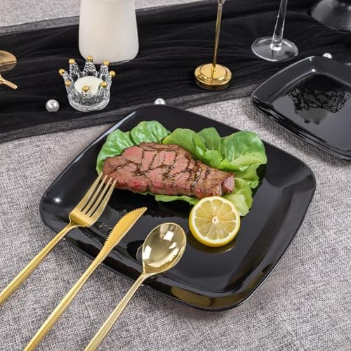 PULOTE 100 PCS Black Square Plastic Plates Disposable - Include 50 Each (10" Dinner & 7.25" Dessert) Plates - Ideal for Party & Graduation view 2