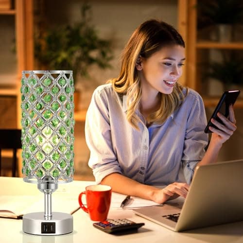 Hong-in Green Crystal Table Lamp - 3-Way Dimmable Touch Control, Bedside Lamp with USB C and A Ports, Nightstand Light for Living Room, Bedroom, Home Office (Bulb Included) view 7