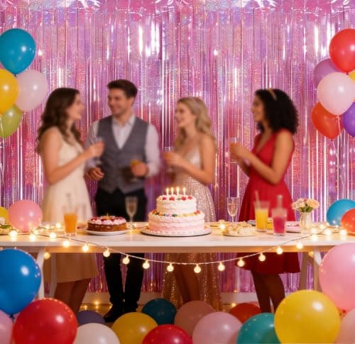 Pink Purple Laser Tinsel Glitter Foil Fringe Curtain Birthday Party Streamers Backdrop Decorations Photo Booth Theme Bachelorette Graduation Decor view 2