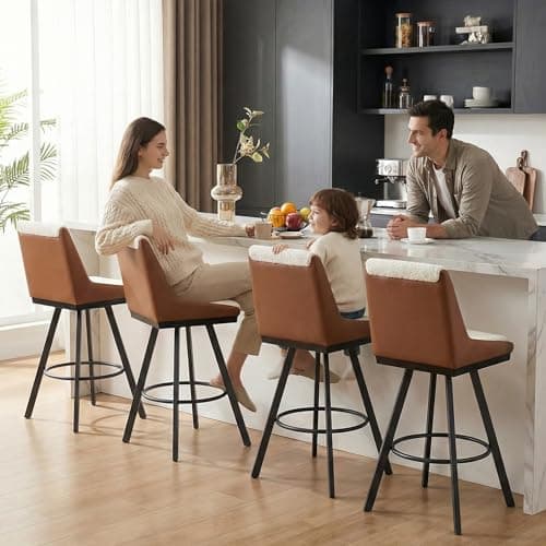 Ollega Bar Stools Set of 4, 26" Counter Height Bar Stools, Upholstered Swivel Barstools with Backs, Loop Yarn Fabric&Pu Leather, Metal Legs for Kitchen Island, Beige&Brown — image 1