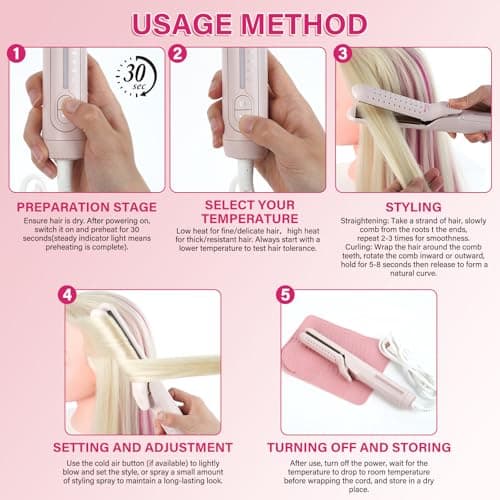 Airflow Styler Curling Iron,360° Cool Air Lock in Style for Lasting Curls, 2 in 1 Hair Straightener and Curler, Anti-Scald for Short Long Hair（Pink） view 6