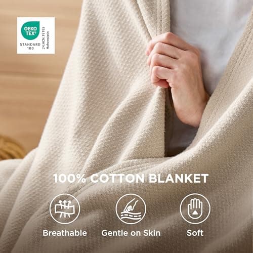Bedsure GentleSoft 100% Cotton Blanket King Size for Bed - Breathable and Lightweight, Soft Cozy Textured Herringbone Woven Blanket for Summer Spring, Linen Beige, 108x90 inches view 6