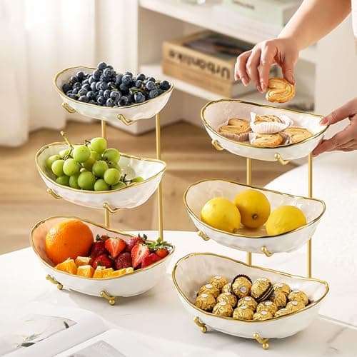 OdoVow White Fruit Bowl with Gold Metal Stand, 3 Tier Modern Ceramic Fruit Bowl Fruit Rack for Kitchen Counter, Tiered Fruit Basket for Snacks Bread Candy Storage (White,3 Tier) view 3