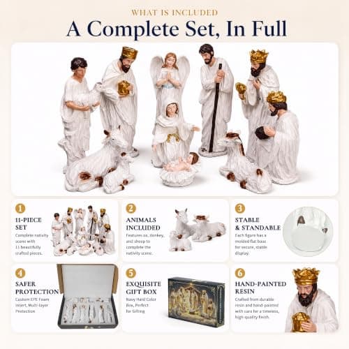 Livilord 11-Piece Hand-Painted Christmas Nativity Set, Resin Figures Manger Scene Decor, Wise Men and Holy Family Statues, Weighted Flat Bases, Mantel Display, Vintage Style, Gift Boxed view 6