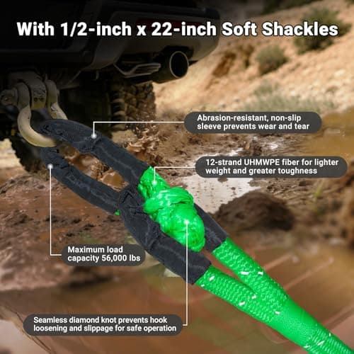 DAJOUJS Kinetic Recovery Tow Rope 7/8" x 30ft Tow Strap 48500lbs Snatch Strap with 2Pcs Soft Shackles 56000lbs Break Strength Heavy Duty Kinetic Towing Rope for Truck ATV UTV Offroad Recovery Rope Kit view 4