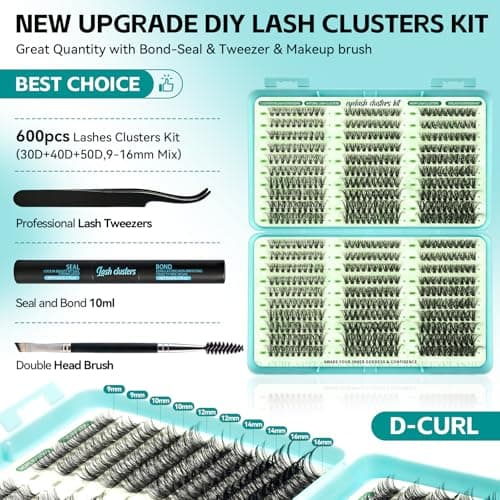 600 Pcs Wispy Lash Clusters Kit, D Curl Lashes Clusters Natural Look 9-16mm Individual Super Thin Band DIY Cluster Eyelash Extensions Kit with Bond Seal Tweezers Brush (30D 40D 50D Mix) view 2