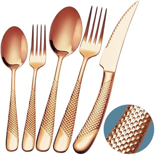 Runfly 20 Piece Hammered Rose Gold/Copper Silverware Set, 18/10 Stainless Steel Flatware Set, Modern Kitchen Utensil Set Service for 4, Tableware Set, Cutlery Set Including Fork Spoon and Knife — image 1