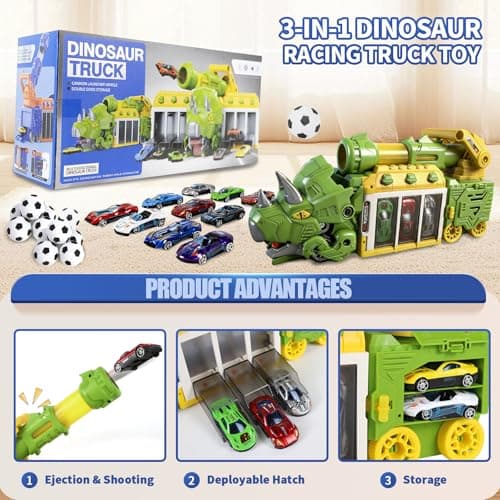 BYFWH Dinosaur Triceratops Truck Car Toy, Shooting Game with Storage Bay | Dinosaur Shooting Truck with Foldable Pod, 10 Mini Cars & 12 Soft Balls, Develops Kids Hand-eye Coordination view 6