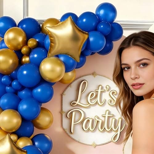 Royal Blue and Gold Balloon Garland Arch Kit, Navy Blue White and Gold Balloons with Star Foil Balloons for Anniversary Graduation Wedding New Year Birthday Party Decorations view 4