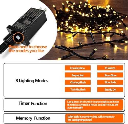 Clownya Christmas Lights 100ft 300 LEDs, 8 Modes, Warm White, Indoor Outdoor Plug-in Fairy Lights for Christmas Tree, Bedroom, Classroom Decor Outdoor Decor,Christmas Decorations (Warm Color, 100FT) view 3