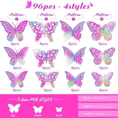 3D Butterfly Wall Decor 3 Sizes 4 Styles Butterfly Party Decorations Cake Decorations Removable Stickers Wall Decor Room Mural Metallic (Laser Pink Purple, 96Pcs) view 3