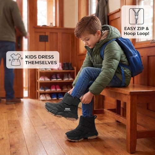 Kids Snow Ankle Boots Waterproof Winter Shoes for Boys Girls Children Youth, Anti-Slip ‌Hook & Loop‌ Zip Insulated Lined for Outdoor Cold Weather Hiking view 2