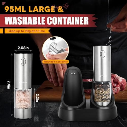Electric Salt and Pepper Grinder Set with Charging Base - One Handed Automatic Spice Mill, Adjustable Coarseness Pepper Grinder, LED Light, Stainless Steel for Modern Kitchen & BBQ view 5