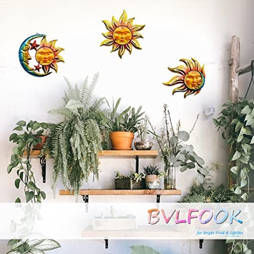 Home Wall Decor Living Room of Glass Sunface, Home Decor Wall Hanging Decor Metal Wall Art, Wall Decorations Boho Wall Decor, Garden Decor Farmhouse Decor Outdoor Decor for Patio, 3 Sets 9 inch Large view 4