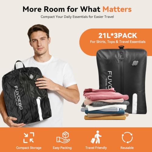 Vacuum Seal Bags for Travel with Pump, 21L Compression Packing Bags, 3 Pack 3 reusable 21L vacuum compression bags with cordless pump for carry-on suitcases, travel backpacks, packing and storage. view 2