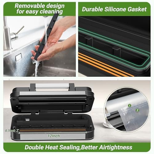 95kPa Vacuum Sealer Machine, Powerful Double Pump 10-in-1 Food Sealing System with Double Heat Seal, Built-in Cutter & Bag Storage, Easy-Lock Handle, Hose, 2 Bag Rolls, Durable Stainless Steel Design view 6