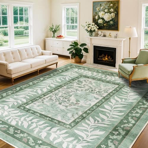 LIANLAM Washable Rug Area Rugs for Living Room - Stain Resistant Non-Slip Backing Boho Rug for Bedroom,Durable & Ultra-Thin Vintage Large Area Rug(9' x 12',Green/Floral) view 1