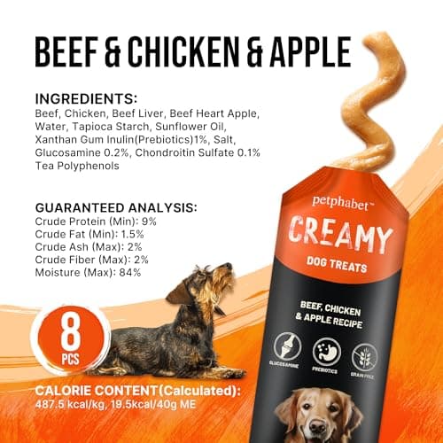 PETPHABET Lickable Squeeze Treats for Dogs, Creamy Puree Dog Food Meal Topper, Puppy Pouch Treats for Training and Enrichment, Healthy Beef Chicken & Apple Recipe (11.2 oz / 8 Pack) view 2
