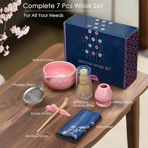 7Pcs Matcha Whisk Set, Matcha Set Whisk and Bowl,Bamboo Scoop, Scoop Rest, Sifter and Tea Towel, Matcha Kit W/Carved Cherry Blossm Pattern for Matcha Lovers (Sakura Pink) view 2
