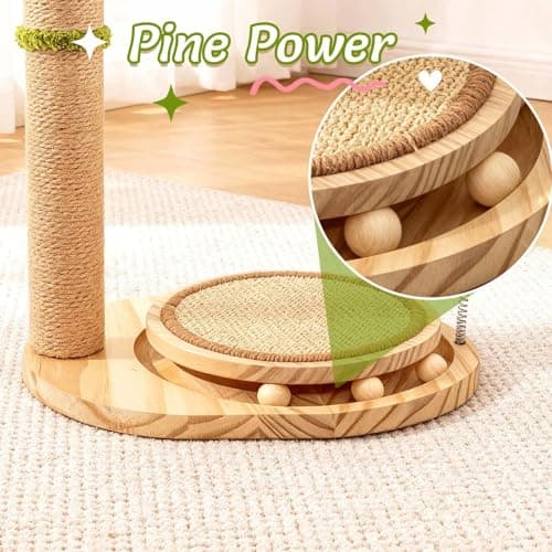 Catails 39" Tall Cat Scratching Post, Cute Olive Cat Scratcher, Interactive Cat Toys with Ball Track & Spring Ball, Sturdy Cat Scratch Post with Pad for Indoor Cats Adults and Kittens view 4