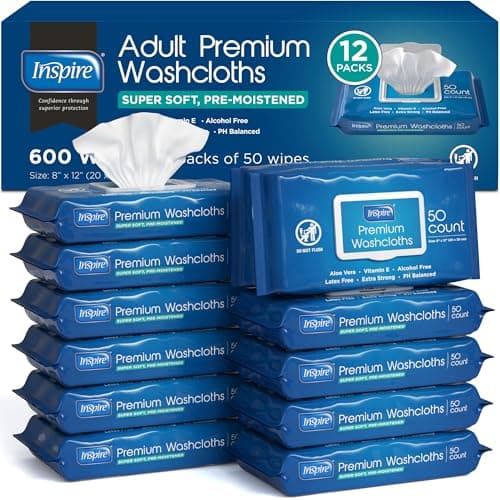 Inspire Adult Wet Wipes, Wash Cloths | Adult Wipes for Incontinence & Cleansing for Elderly, 8"x12" Count 12 packs of 50 — image 1