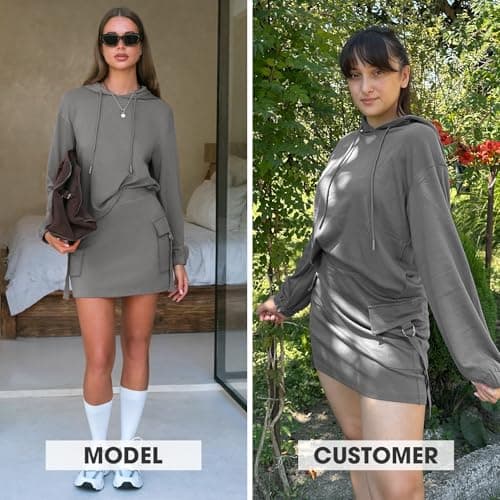 EXLURA Women Two Piece Set Cotton Sweatsuit Travel Airport Outfits 2026 Tracksuit Hooded Sweatshirt Cargo Skort Skirt Pockets view 3