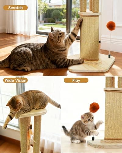Cat Scratching Post, 26.3 Inch Scratch Post for Indoor Cats, Sisal Scratcher Posts for Medium/Small Cat, with Sturdy Wood Hexagonal Base, Silver Vine Feather Toy & Scratch Pad, Kitten Toys view 6
