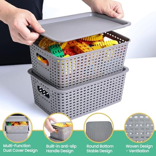 Plastic Storage Baskets with Lid-Plastic Storage Containers Stackable Storage bins: Storage Baskets for Organizing Shelves Drawers Desktop Closet Playroom Classroom Office,8 Pack-Gray10.2x7.2x4.1Inch view 4