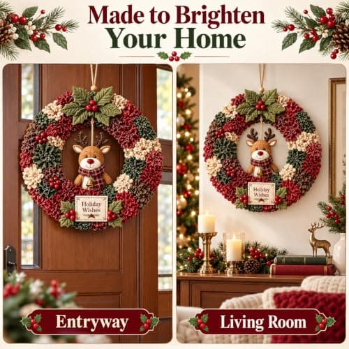 Christmas Wreath Kit 3D Fabric Poke Art, DIY Wreath Making Craft, Reindeer with Holiday Wishes Sign, Holiday Door and Wall Decor view 4